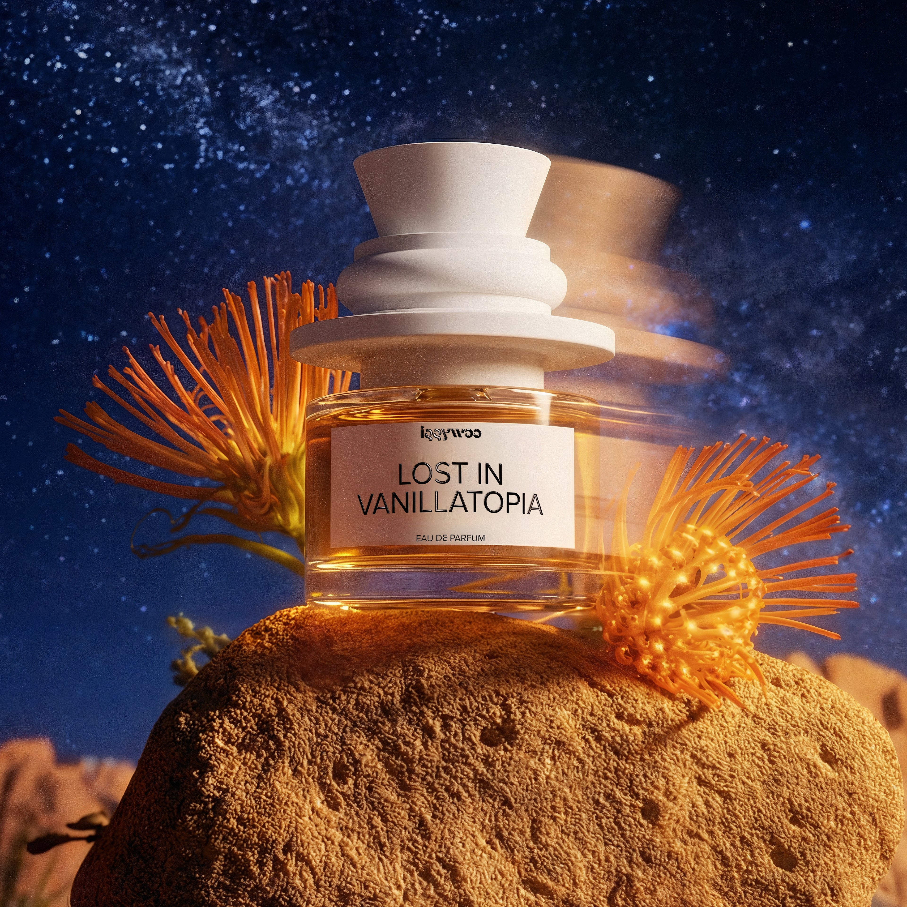 IGGYWOO Lost in Vanillatopia – luxuriöser Vanille-Amber Duft in minimalistischem Designerflakon auf einem Stein, leicht verzerrt.