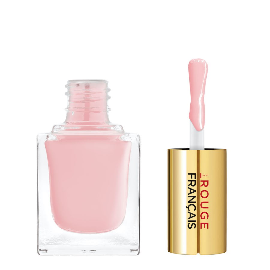 Offene Le Rouge Francais Nagellack Nude 963 Himanthalia Flasche mit Pinsel steht vor weißem Hintergrund. North Glow
