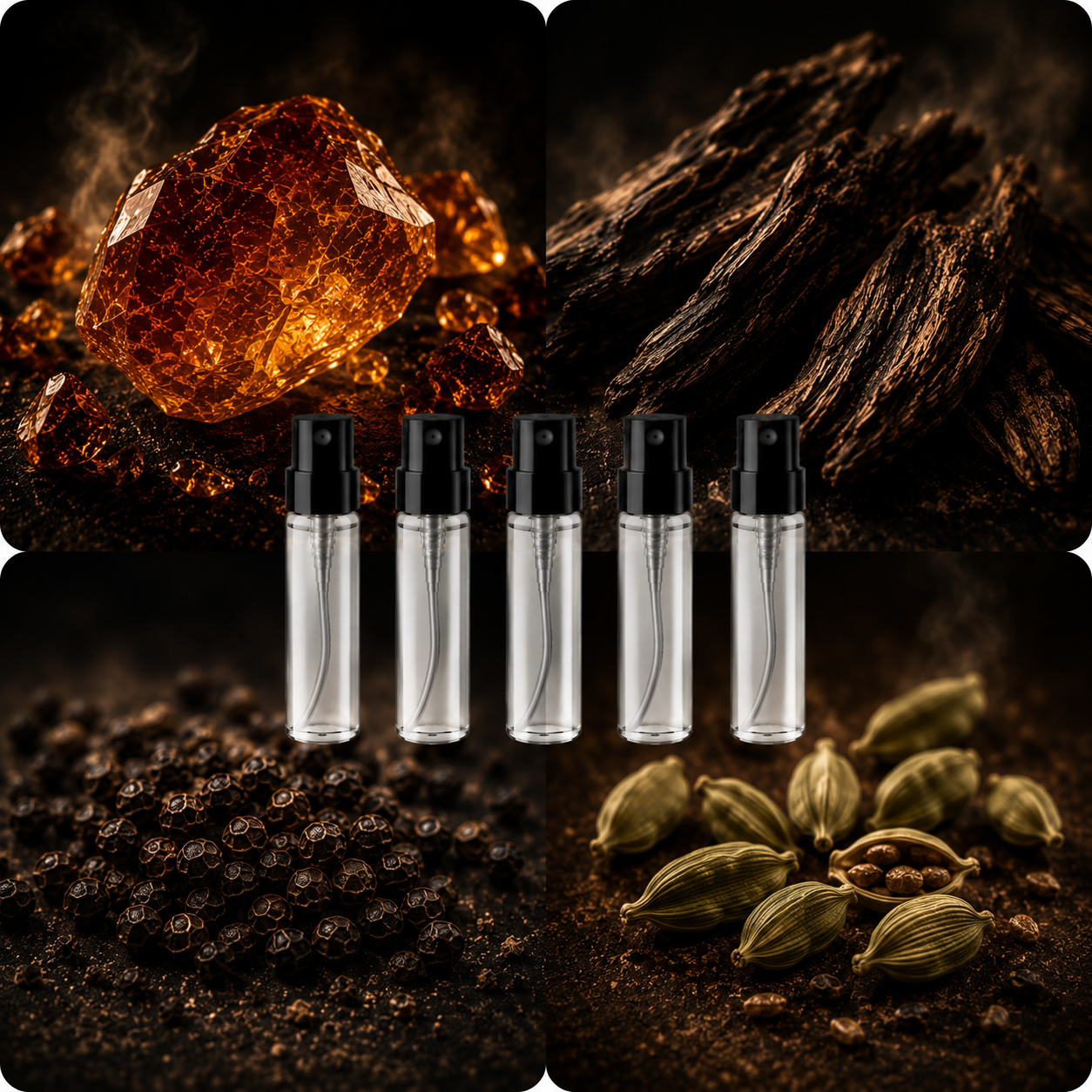 Raw Presence – Woody Spice Parfum Discovery Set - 5 Düfte der Familie Holzig-Warm