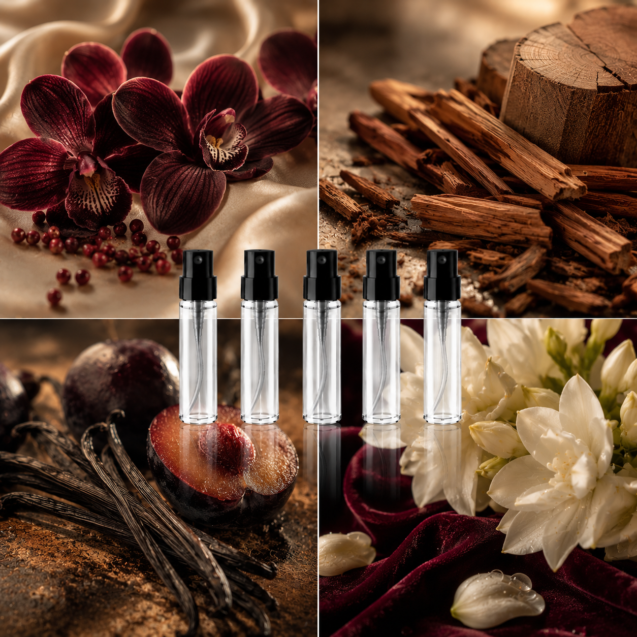 Warme Duftcollage für das Velvet Desire Discovery Set mit dunklen Blüten, Vanille, warmen Hölzern, sinnlichen Früchten und fünf minimalistischen Parfum-Sprühflaschen im luxuriösen orientalischen Stil.