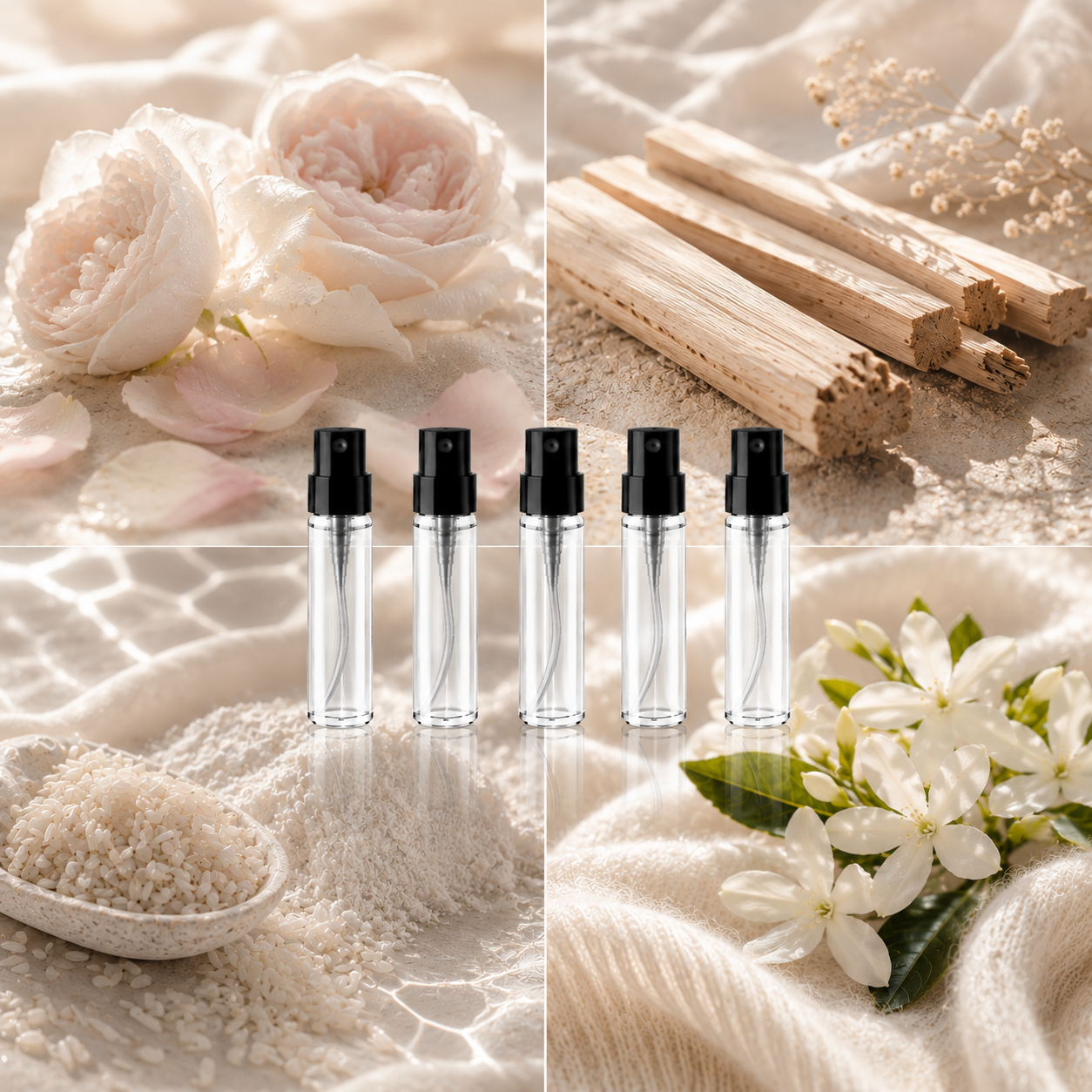 Helle Duftcollage für das Soft Aura Discovery Set mit pudrigen Blüten, cremigem Reis, hellem Sandelholz, weißen Blüten und fünf minimalistischen Parfum-Sprühflaschen im cleanen Soft-Luxury-Stil.