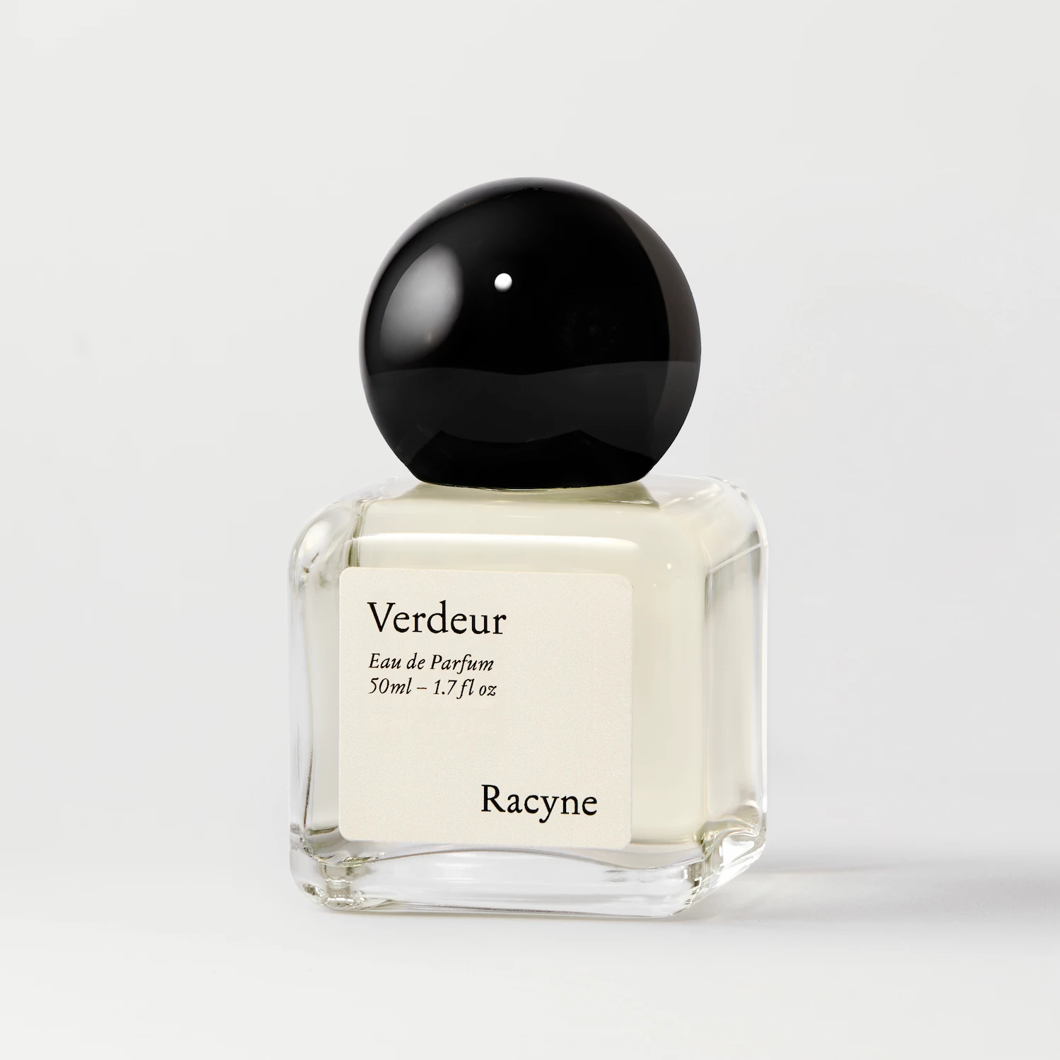 Verdeur Eau de Parfum von Racyne – minimalistischer 50-ml-Flakon mit schwarzem rundem Verschluss