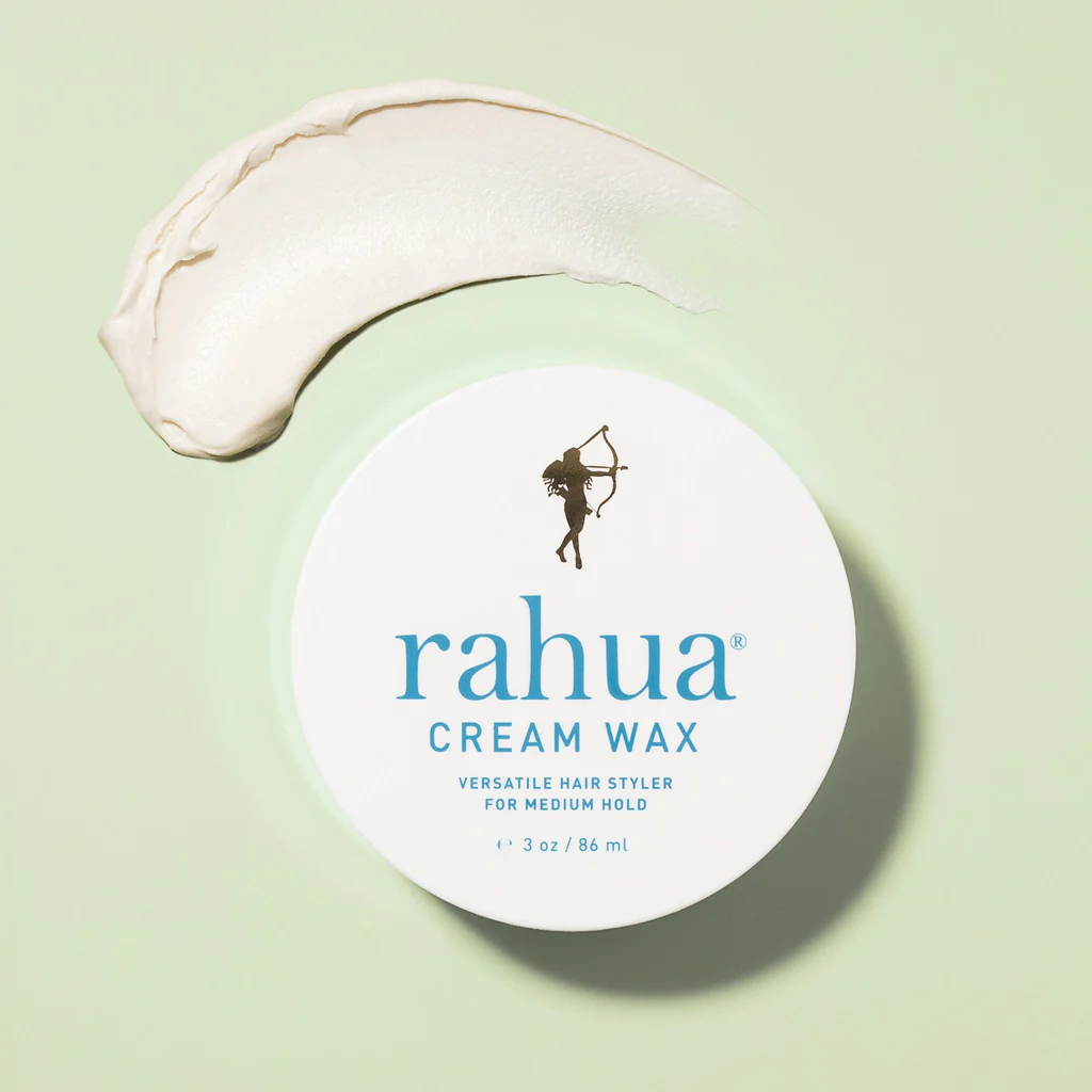 Rahua Cream Wax Dose mit Texturbeispiel auf hellgrünem Hintergrund. North Glow