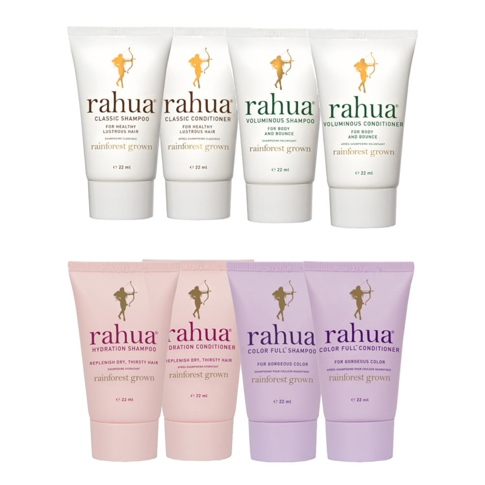 6 verschiedenen Rahua Produkten in Travel Size Format.