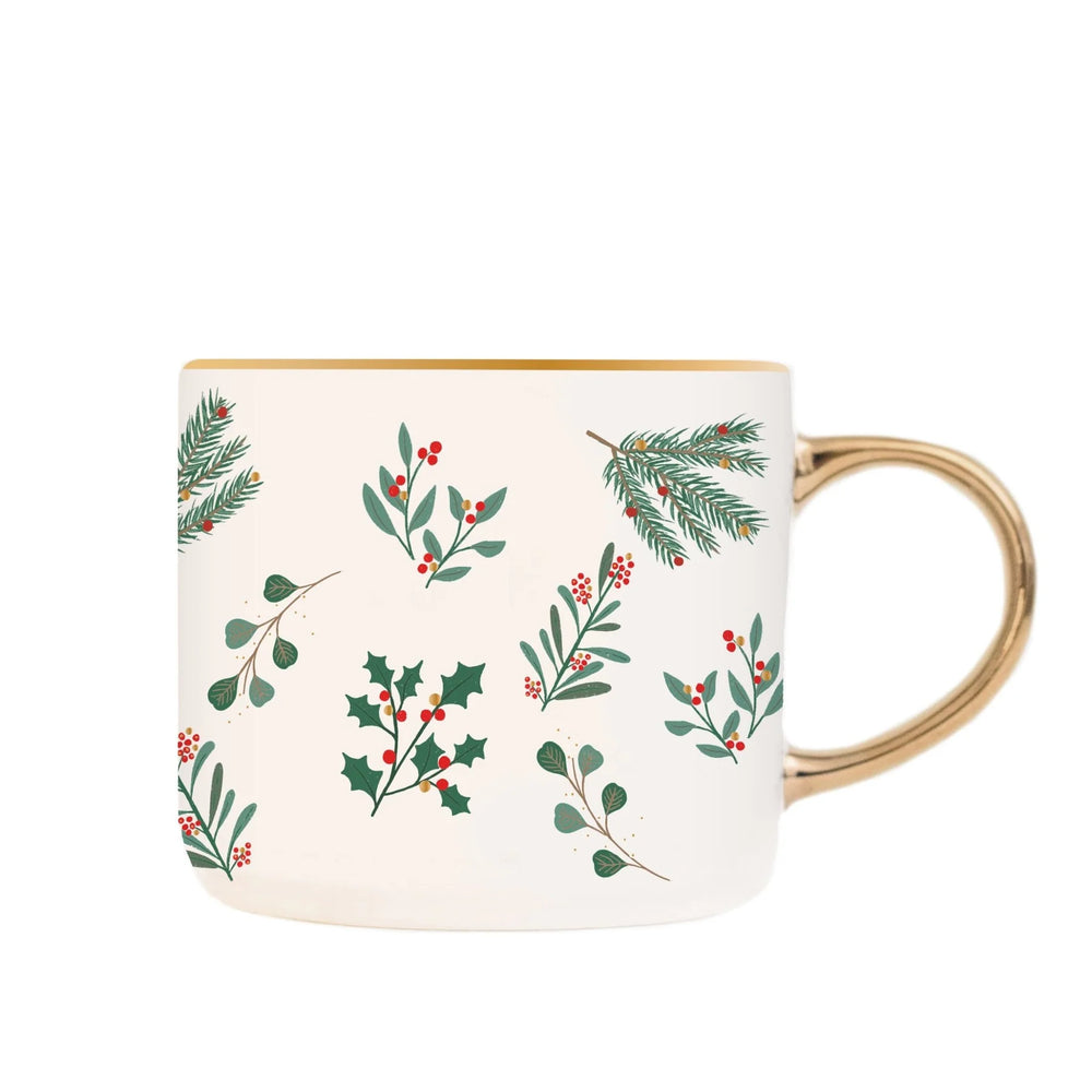 Weihnachtliche Tasse "Holiday Greenery" von Sweet Water Decor vor weißem Hintergrund.