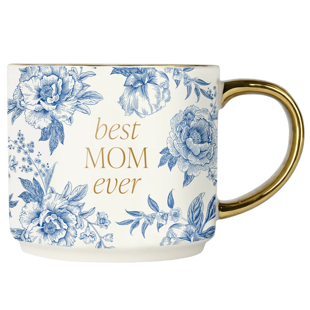 Kaffee-/Teetasse mit blauem Delfter Muster mit goldener Schrift best MOM ever und goldenem Henkel.