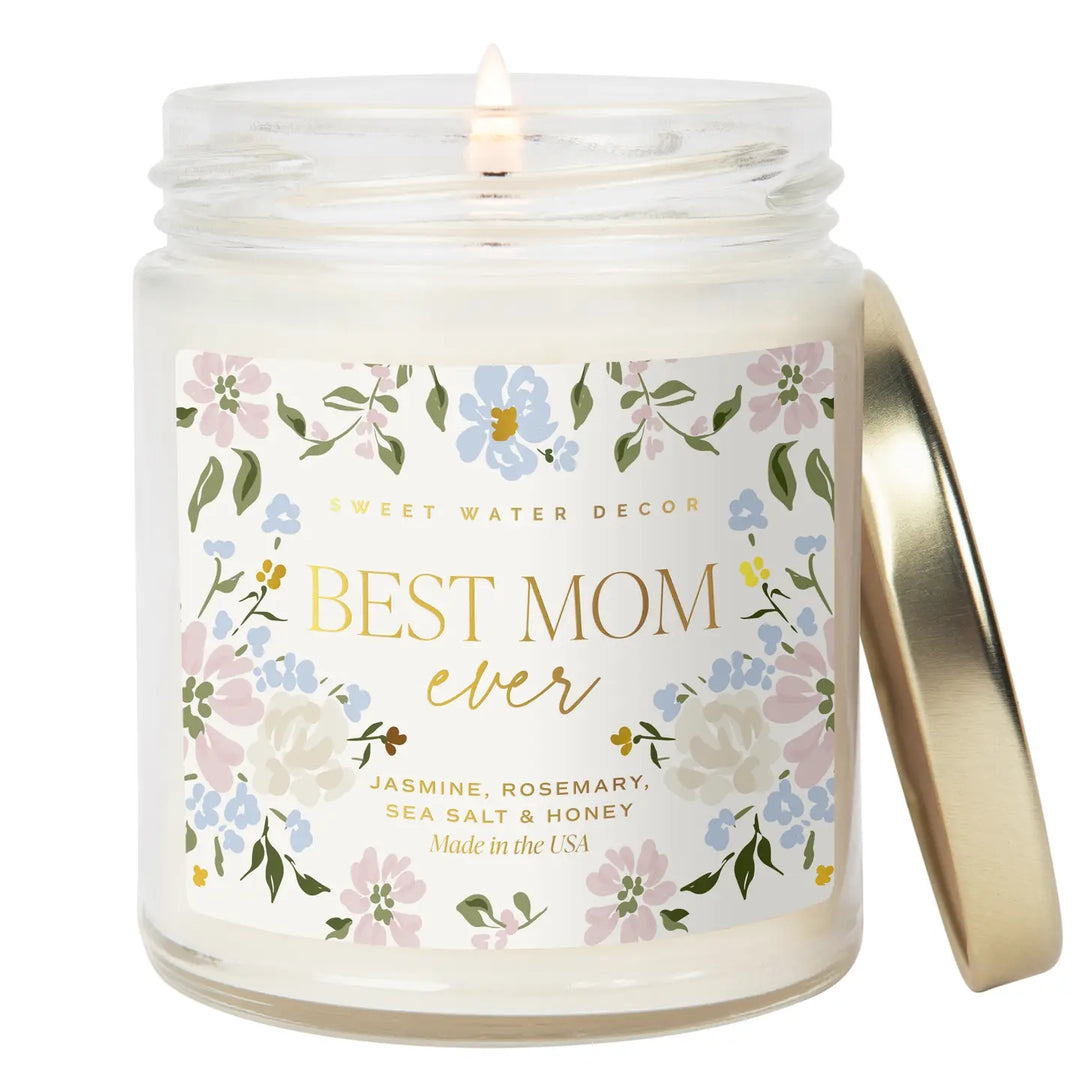 Sweet Water Decor Duftkerze mit "Best Mom ever " Aufschrift und Blümchenmuster.