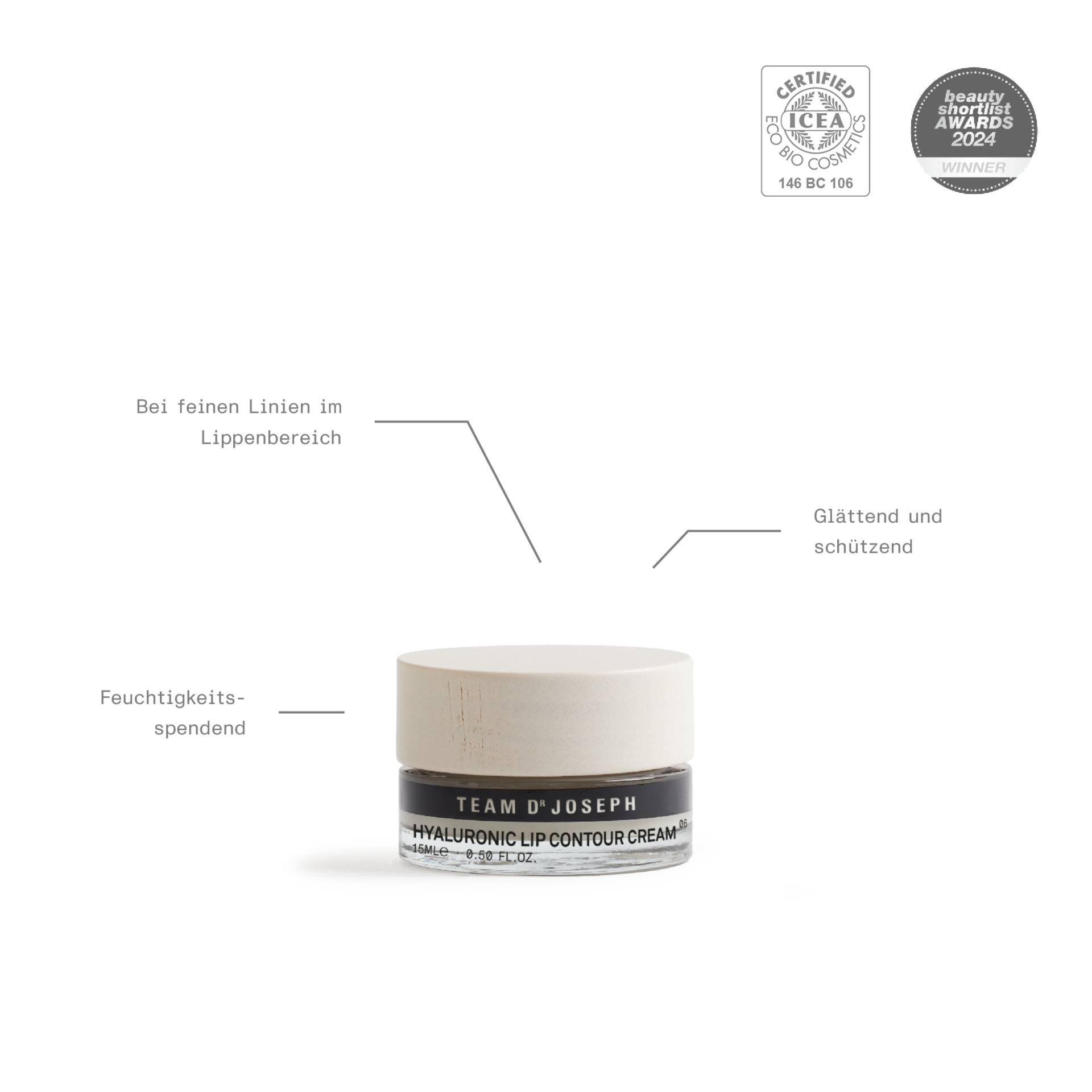 Team Dr. Joseph Hyaluronic Lip Contour Cream vor weißem Hintergrund.
