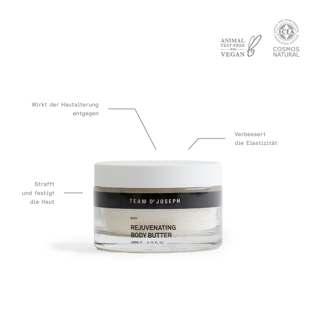 Geschlossene Dose Rejuvenating Körperbutter auf hellem Hintergrund – straffend, feuchtigkeitsspendend, natürliche Körperpflege, Anti-Aging. North Glow
