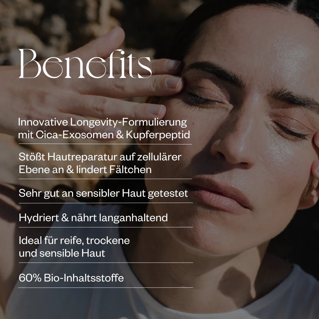 Ruhi The Longevity Exosome Cream, Hautpflege Benefits: Longevity-Formulierung mit Cica-Exosomen und Kupferpeptid gegen Fältchen. Ideal für reife, trockene und sensible Haut. Enthält 60% Bio-Inhaltsstoffe.