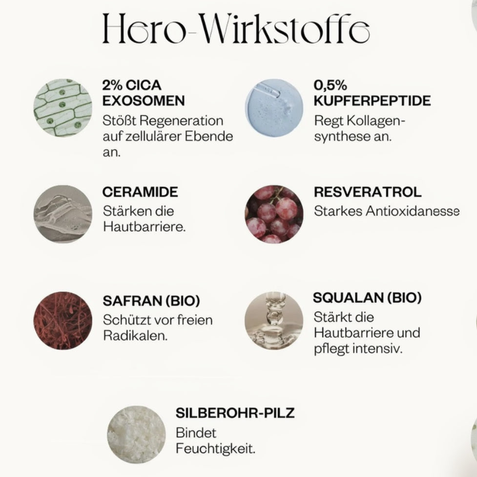 Ruhi The Longevity Exosome Cream, Übersicht der Hero-Wirkstoffe: 2% Cica-Exosomen, 0,5% Kupferpeptide, Ceramide, Resveratrol, Bio-Safran, Bio-Squalan und Silberohr-Pilz mit ihren jeweiligen Funktionen für Regeneration, Kollagensynthese und Barriereschutz.