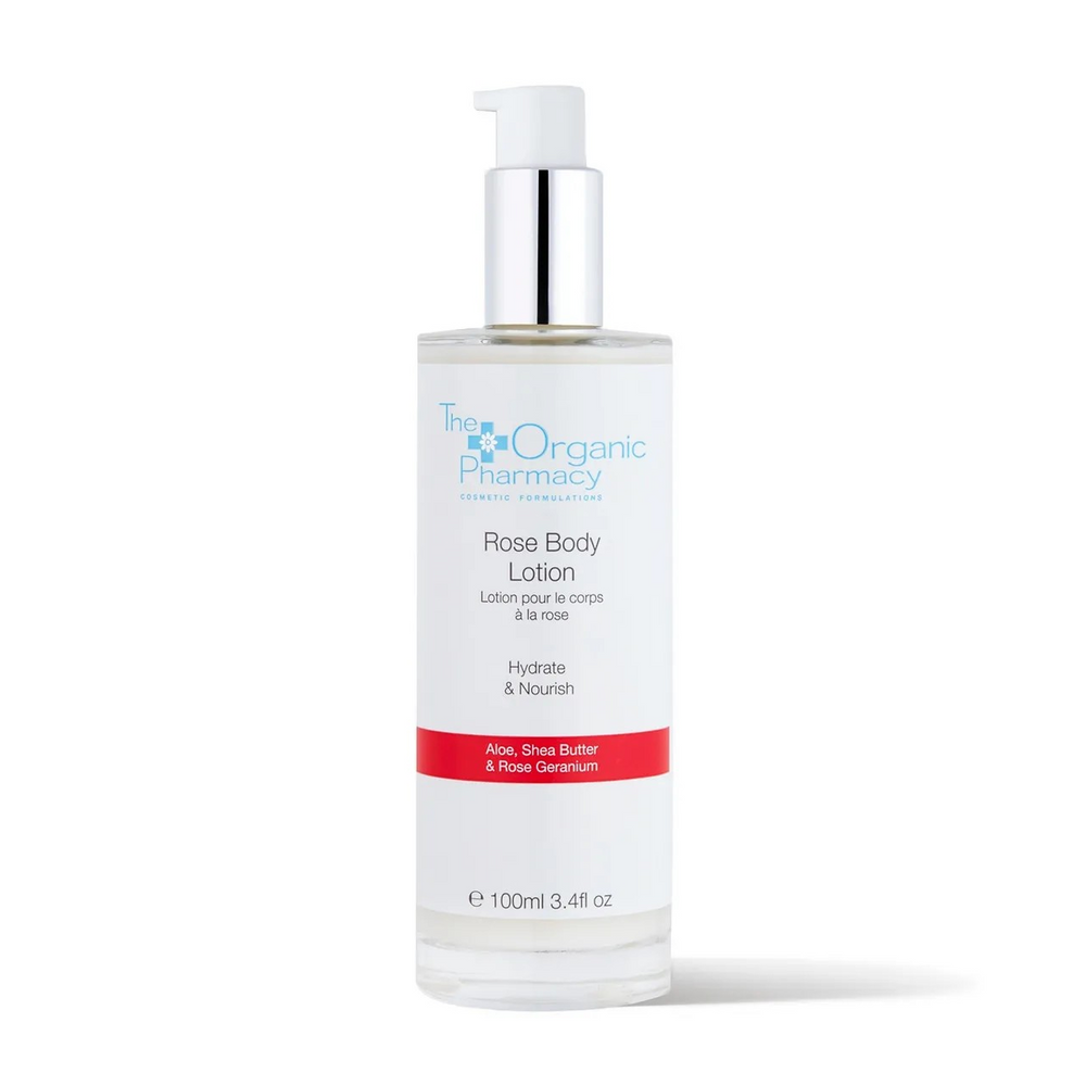 The Organic Pharmacy Rose Body Lotion – Pflegende Körpercreme mit Aloe Vera und Sheabutter in elegantem Glasbehälter
