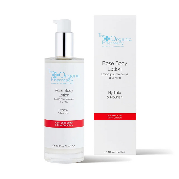 Nachhaltige Verpackung der Rose Body Lotion von The Organic Pharmacy mit 83,5 % Bio-Inhaltsstoffen