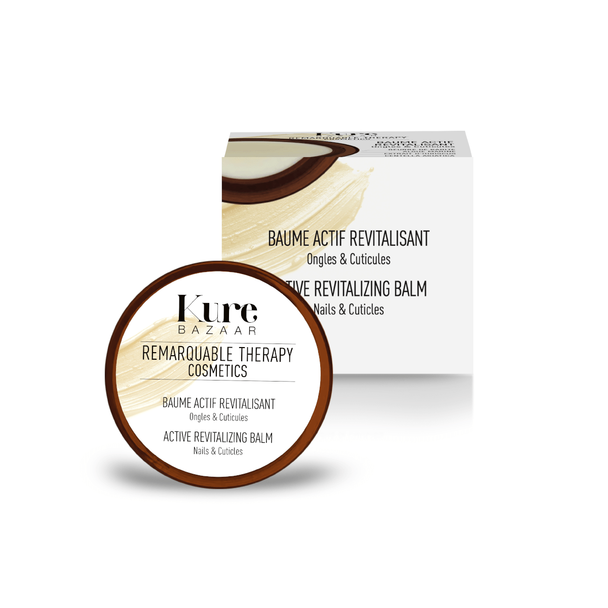 Tiegel Kure Bazaar Active Revitalizing Balm steht vor der Verpackung vor weißem Hintergrund.