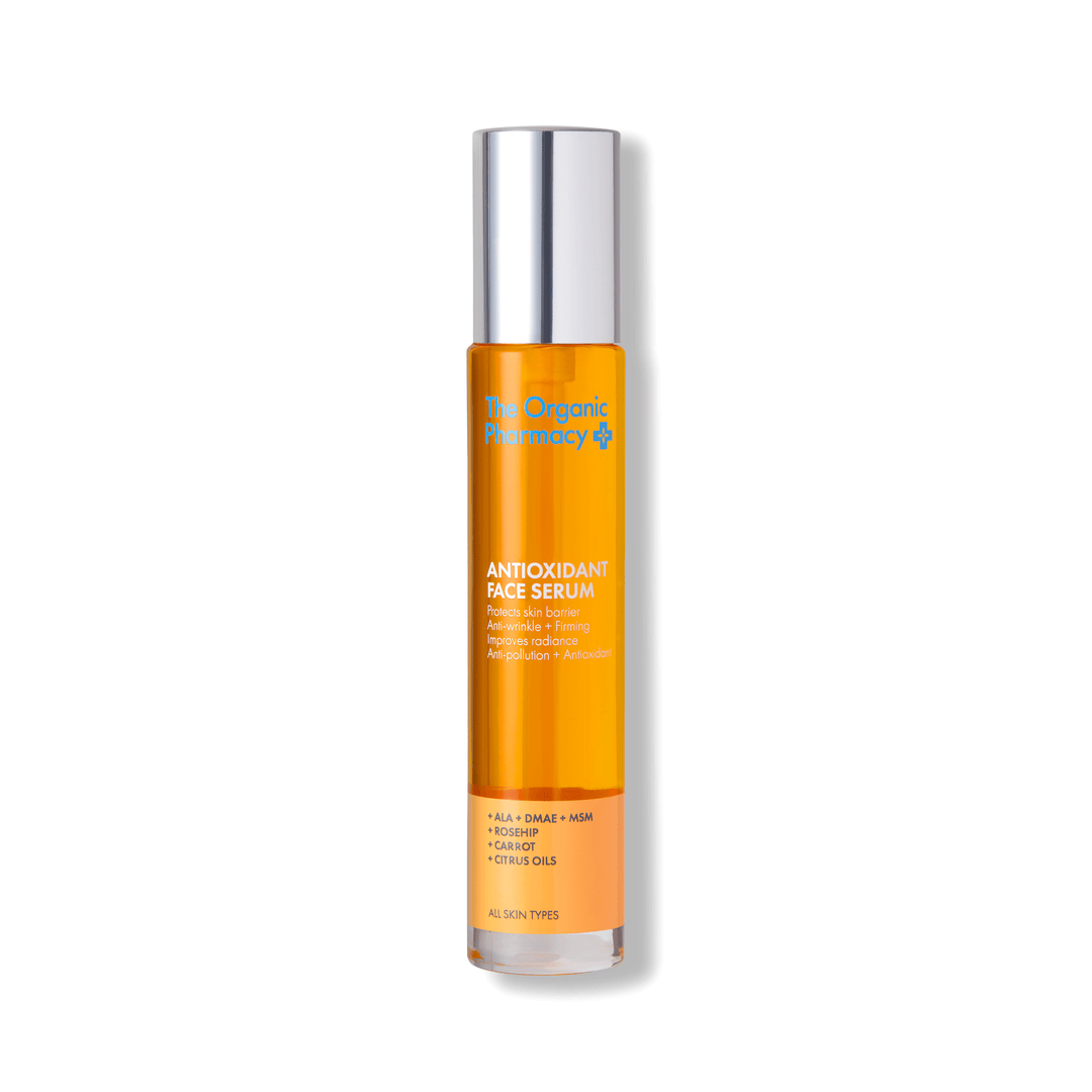 Antioxidant Face Serum Flasche mit silbernen Deckel vor weißem Hintergrund