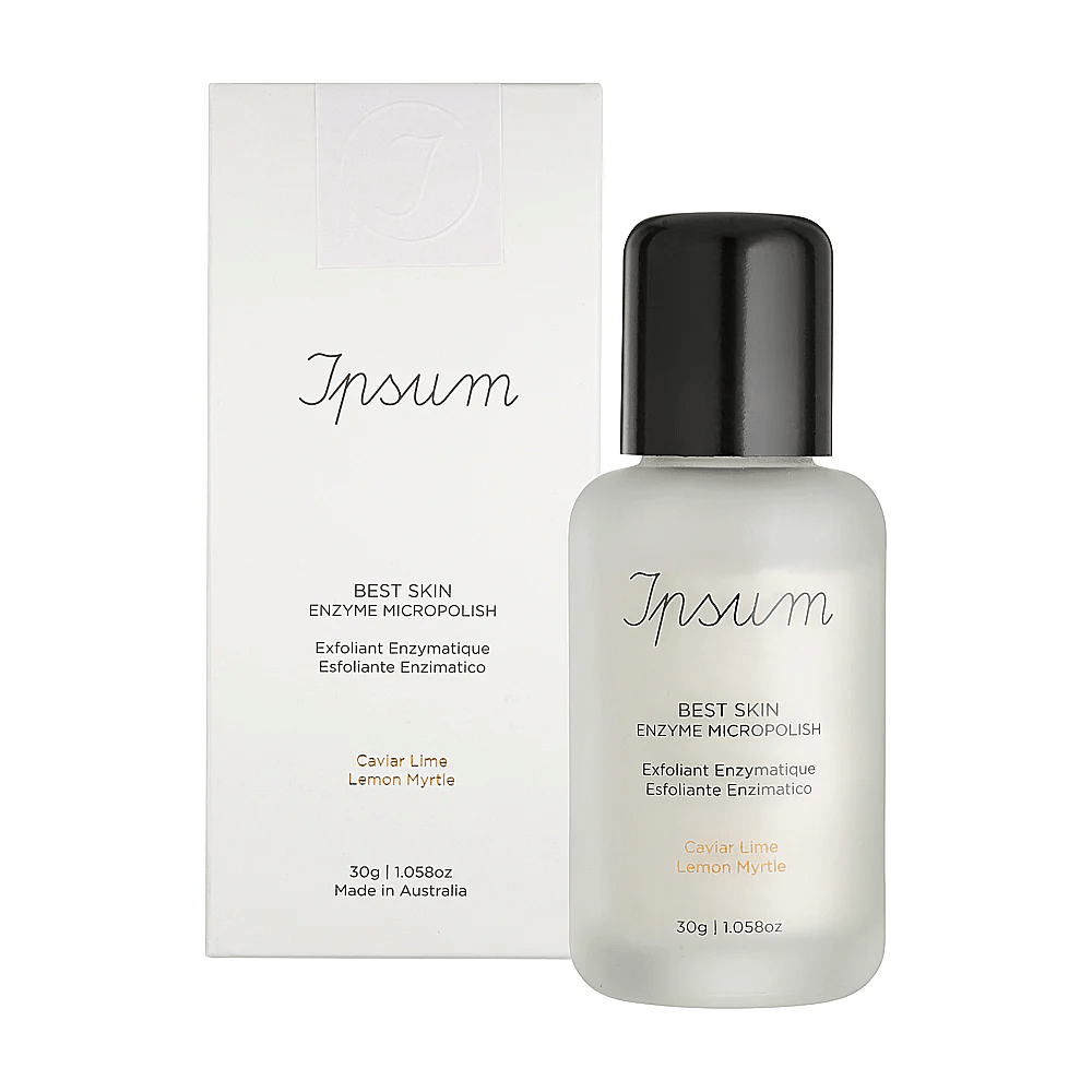 Ipsum Best Skin Enzyme MicroPolish Milchglasflasche mit schwarzem Deckel und Verpackung vor weißem Hintergrund.