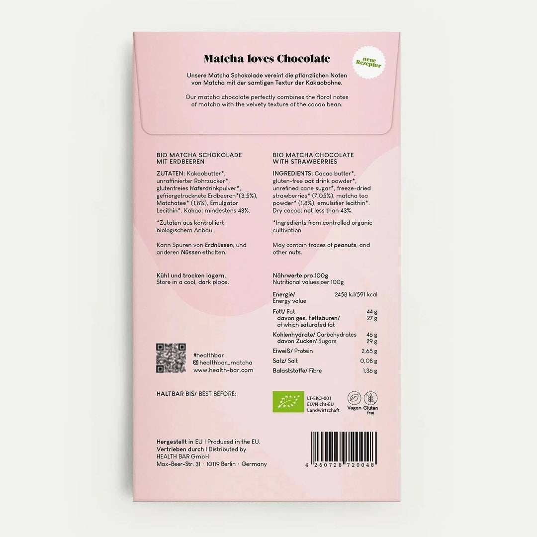 Bio Matcha Strawberry Chocolate, rosafarbende Verpackung Rückseite vor weißem Hintergrund. North Glow