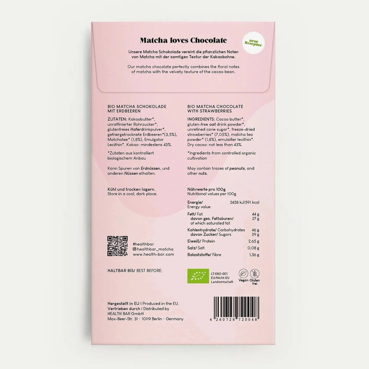 Bio Matcha Strawberry Chocolate, rosafarbende Verpackung Rückseite vor weißem Hintergrund.
