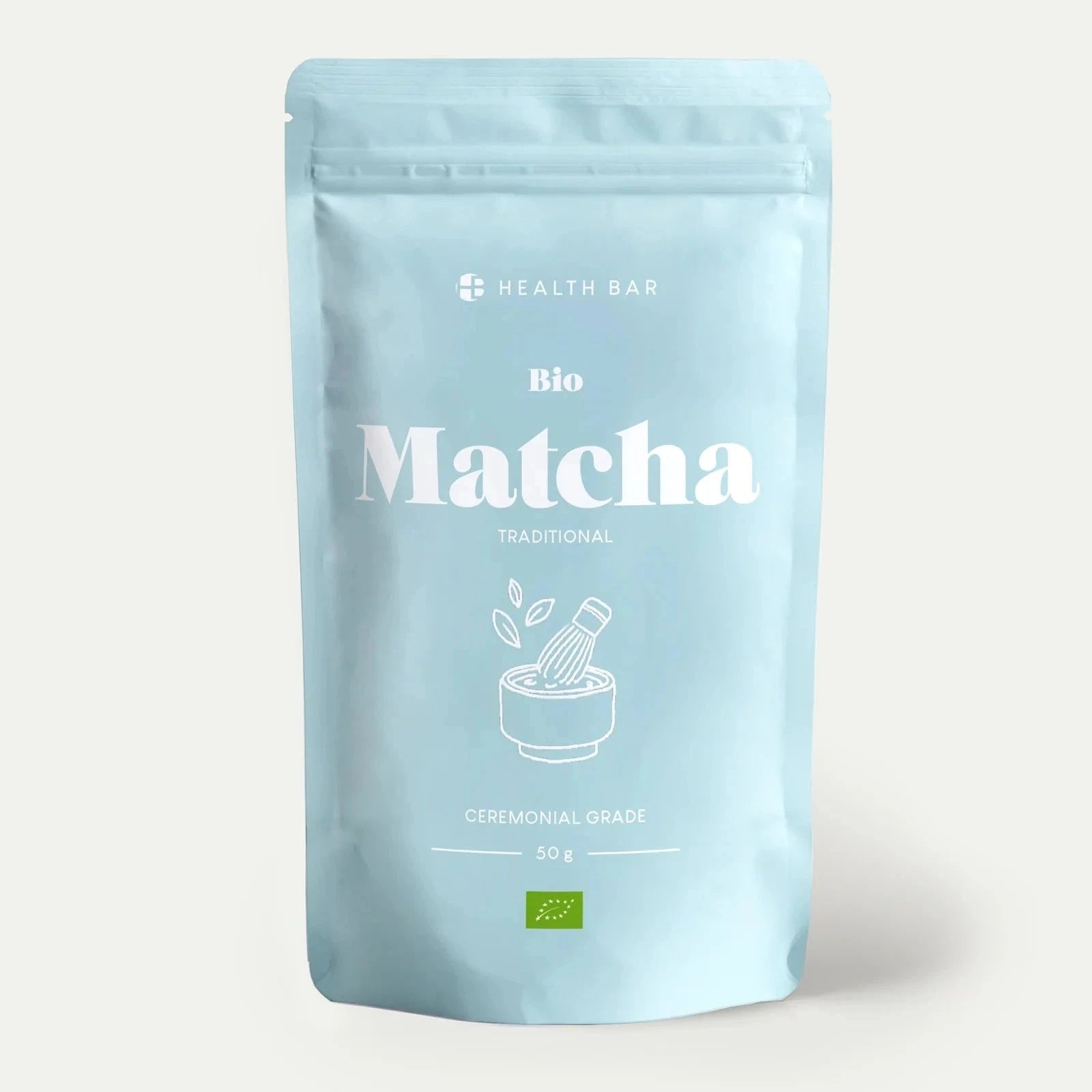HEALTH BAR Bio Matcha Traditional hellblaue Verpackung.
