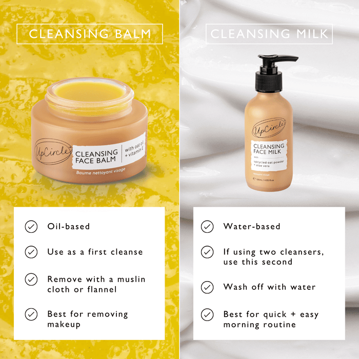 UpCircle Cleansing Balm vs. Oat Cleansing Face Milk – Gegenüberstellung von Textur, Hauttyp, Wirkung und Anwendung zur Orientierung bei der Wahl des passenden Reinigungsprodukts.