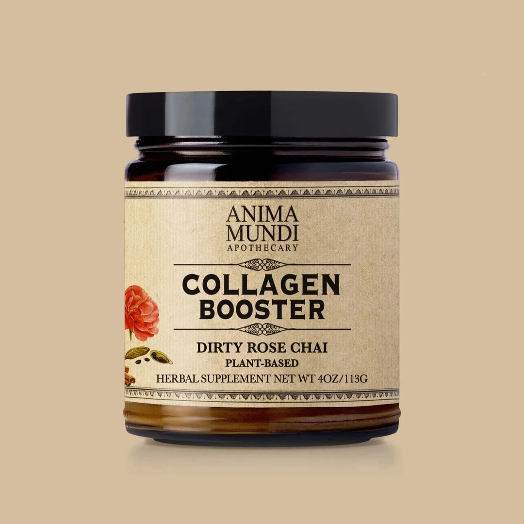 Anima Mundi Collagen Booster Schraubglas vor hellem Hintergrund. North Glow