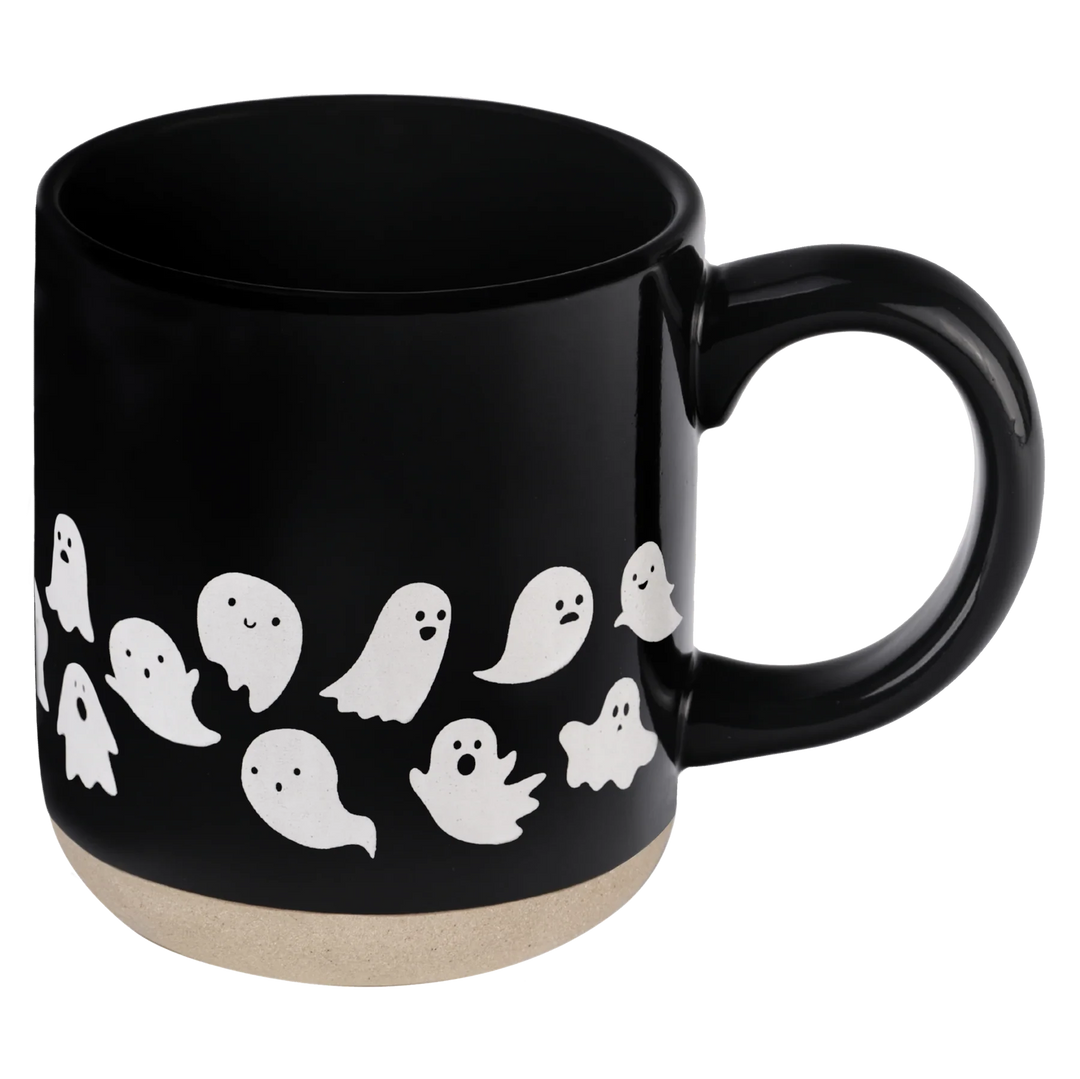 Blach Ghost Coffee Mug von Sweet Water Decor vor weiße Hintergrund North Glow