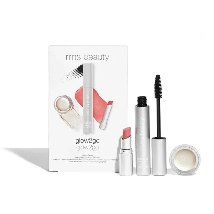 RMS Beauty glow2go - Set: Produkte und Verpackung stehend vor weißem Hintergrund.