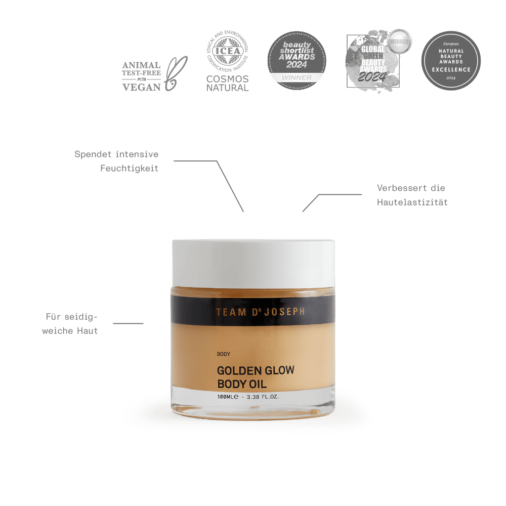 Golden Glow Body Oil – ausgezeichnet mit dem Beauty Shortlist Award und dem Global Green Beauty Award 2024.
