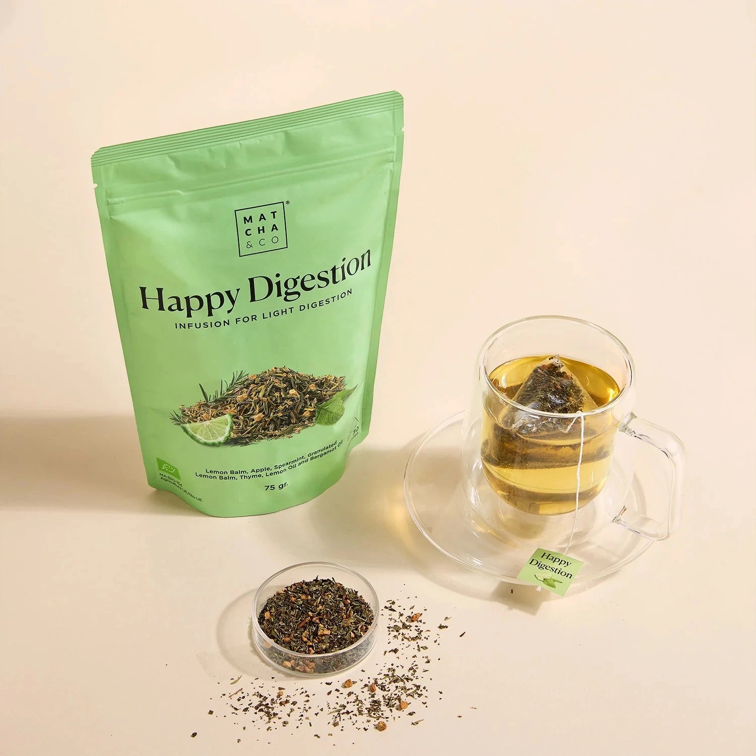 Happy Digestion Kräutertee von Matcha & Co als aufgebrühte Tasse Tee