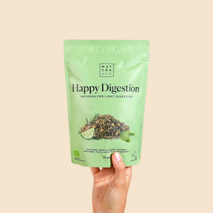 Happy Digestion Kräutertee von Matcha & Co in Bio-Qualität, Verpackung Vorderseite