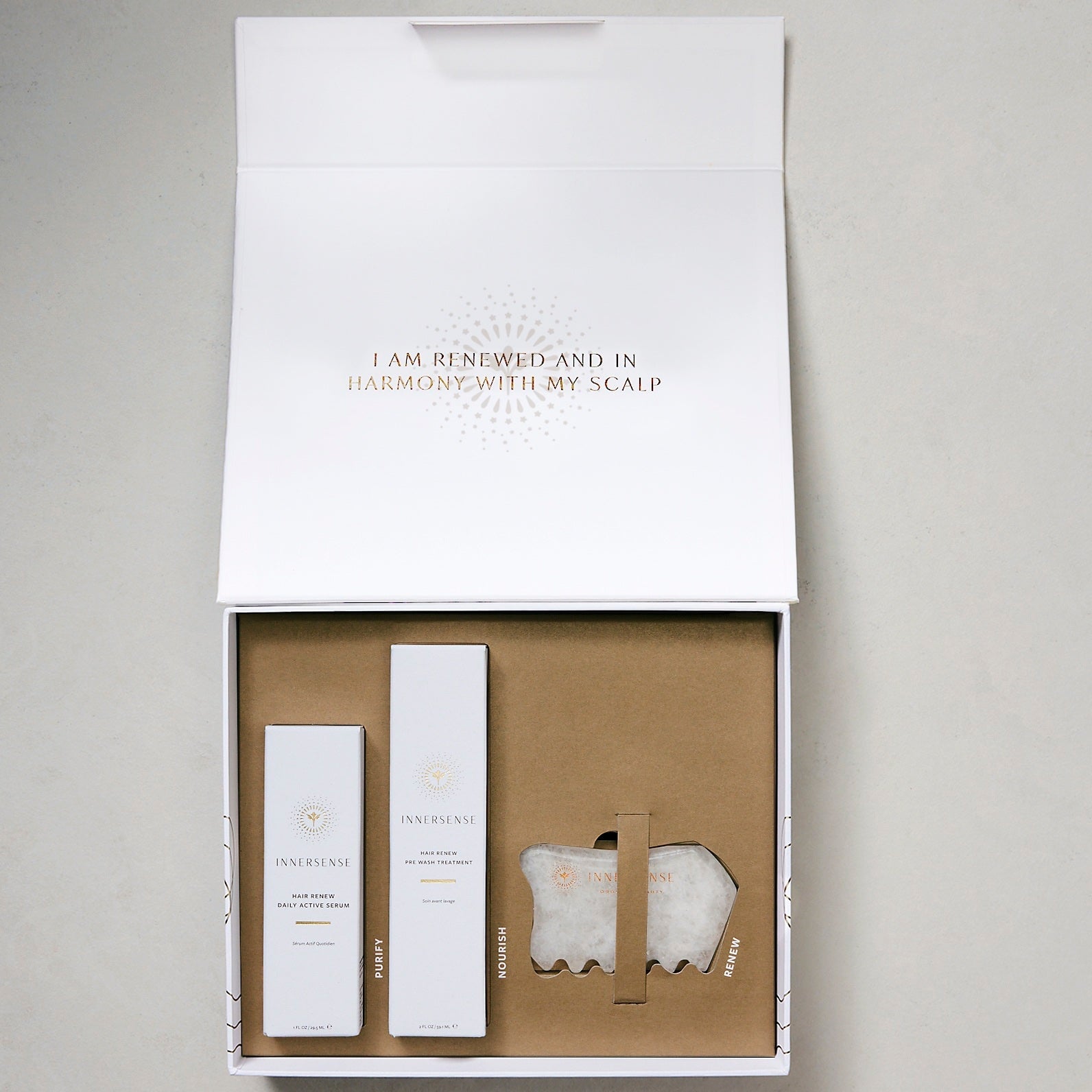 Offener Innersense Harmonic Hair Renew Set Karton mit den 3 Produkten innenliegend.