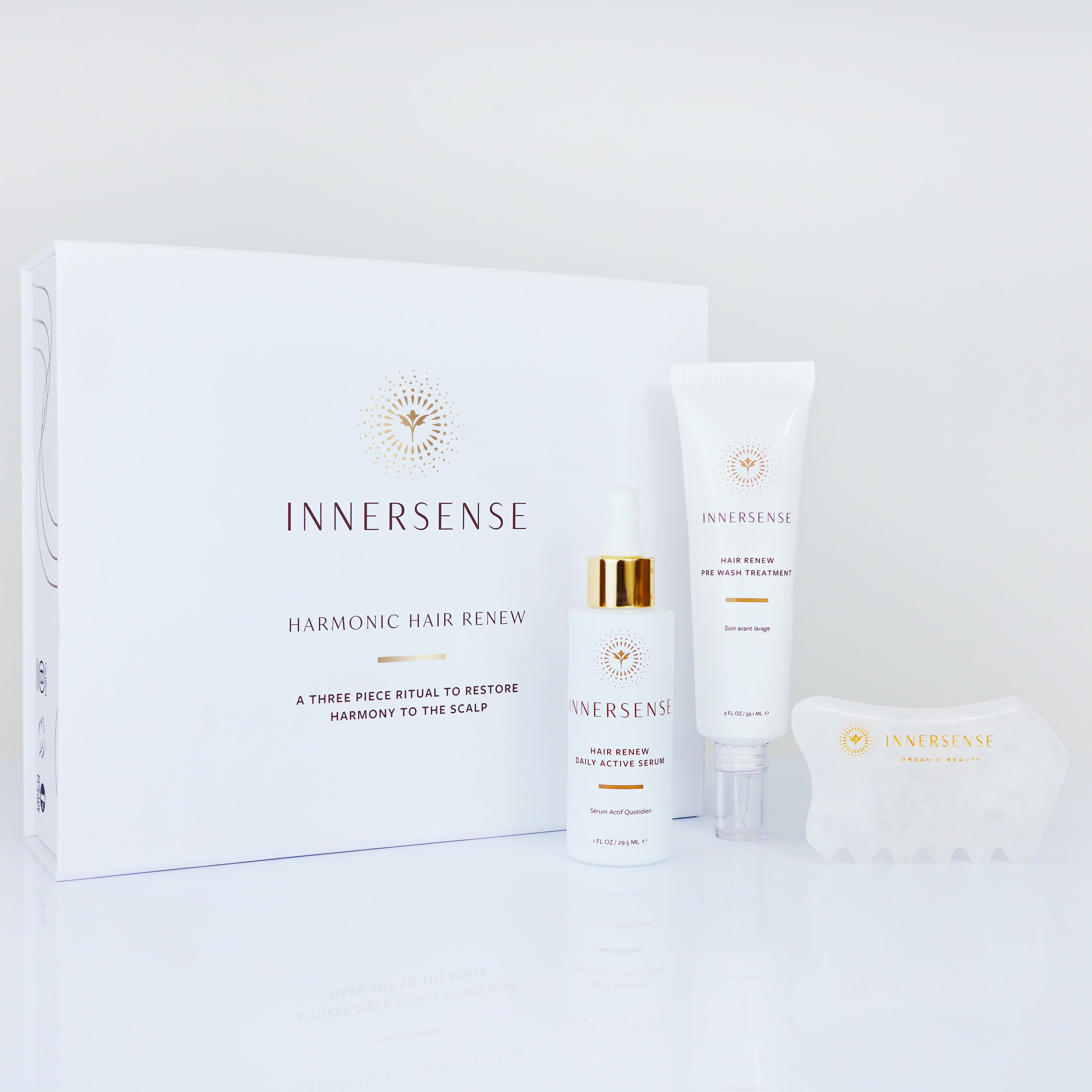 Innersense Harmonic Hair Renew Set Karton mit den 3 Produkten vor weißem Hintergrund