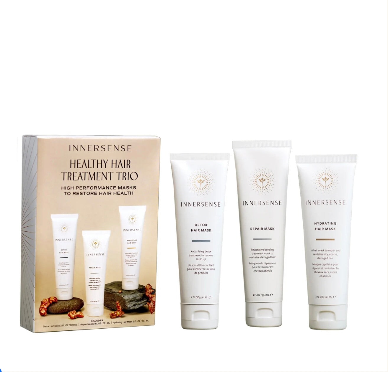 Healthy Hair Treatment Trio von Innersense, Prduktverpackung und Produkte stehend, nebeneinander.