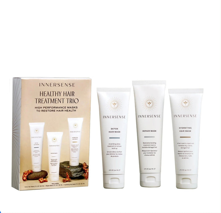 Healthy Hair Treatment Trio von Innersense, Prduktverpackung und Produkte stehend, nebeneinander.