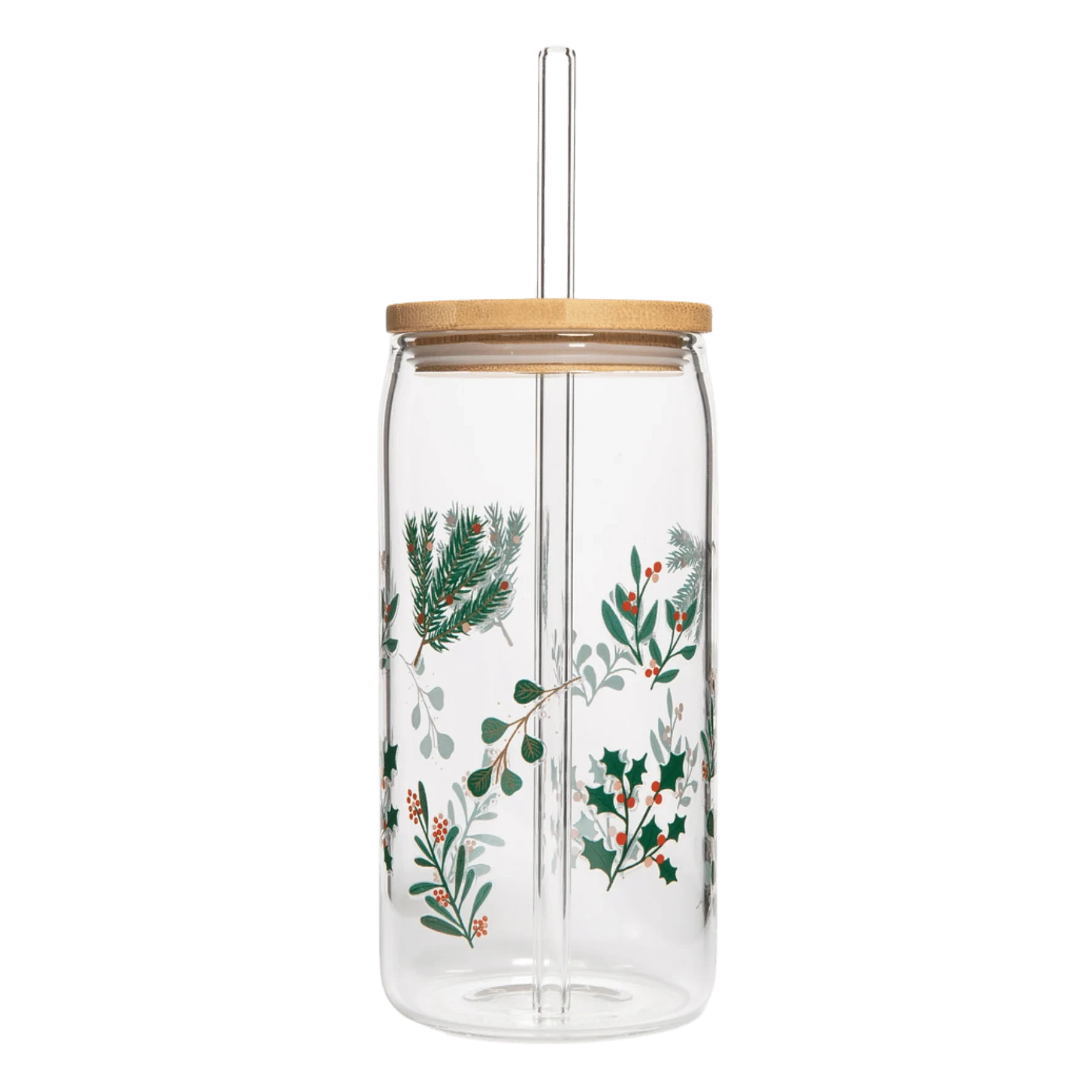 Cane Glass von Sweet Water Decor mit Weihnachtszweigenmotiven vor weißem Hintergrund.