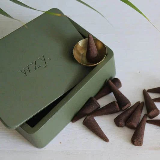 Quadratische wxy-Box aus Beton, leicht geöffnet, mit sichtbaren Oudh-Räucherkegeln im Inneren, flankiert von einigen zarten Pflanzenblättern am Rand des Bildes.