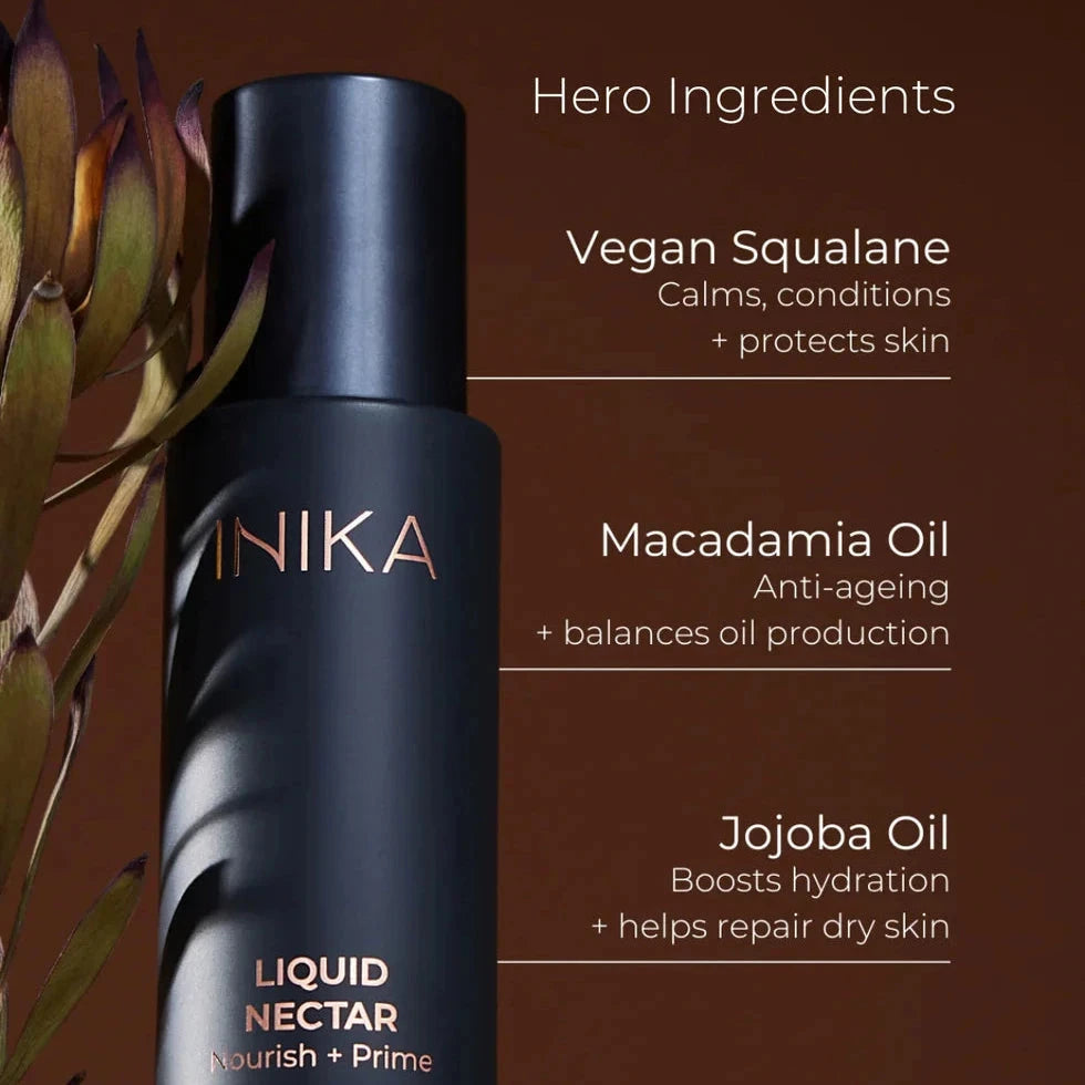 INIKA Liquid Nectar auf braunem Hintergrund mit Inhaltsstoffen als Text beschrieben North Glow