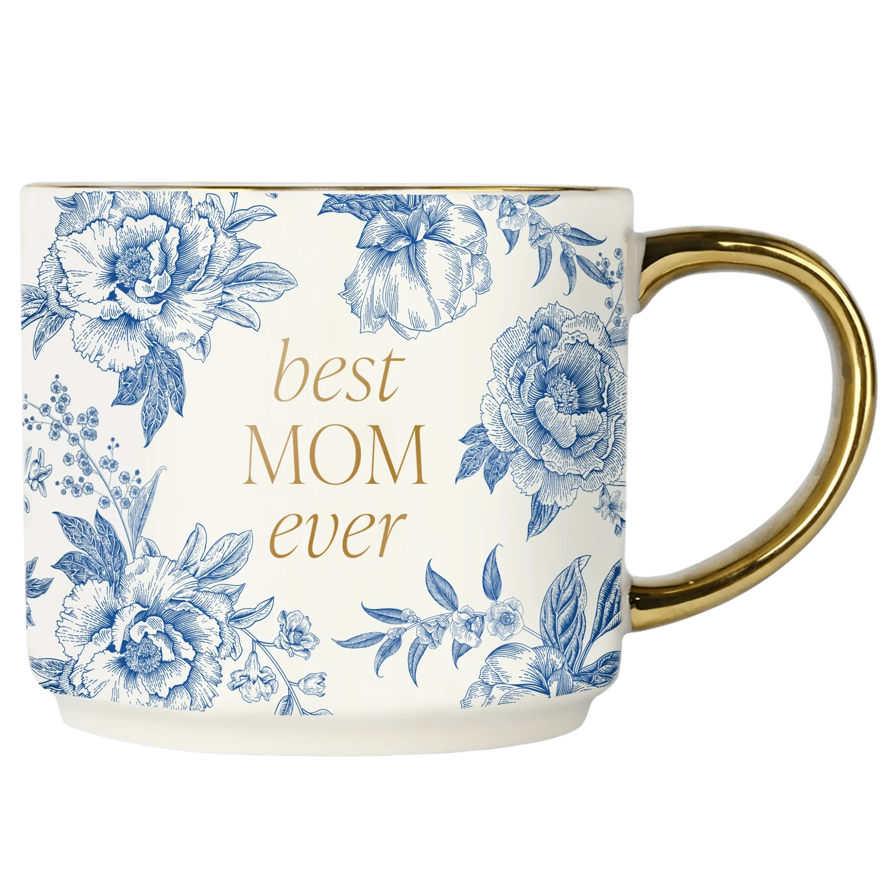 Kaffee-/Teetasse mit blauem Delfter Muster mit goldener Schrift best MOM ever und goldenem Henkel.