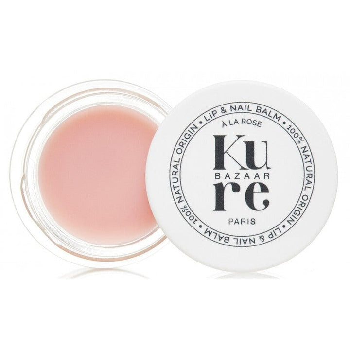 Lip & Nail Balm "Rose" von Kure BAZAAR geöffnet, stehend, Deckel und Gefäßt nebeneinander.