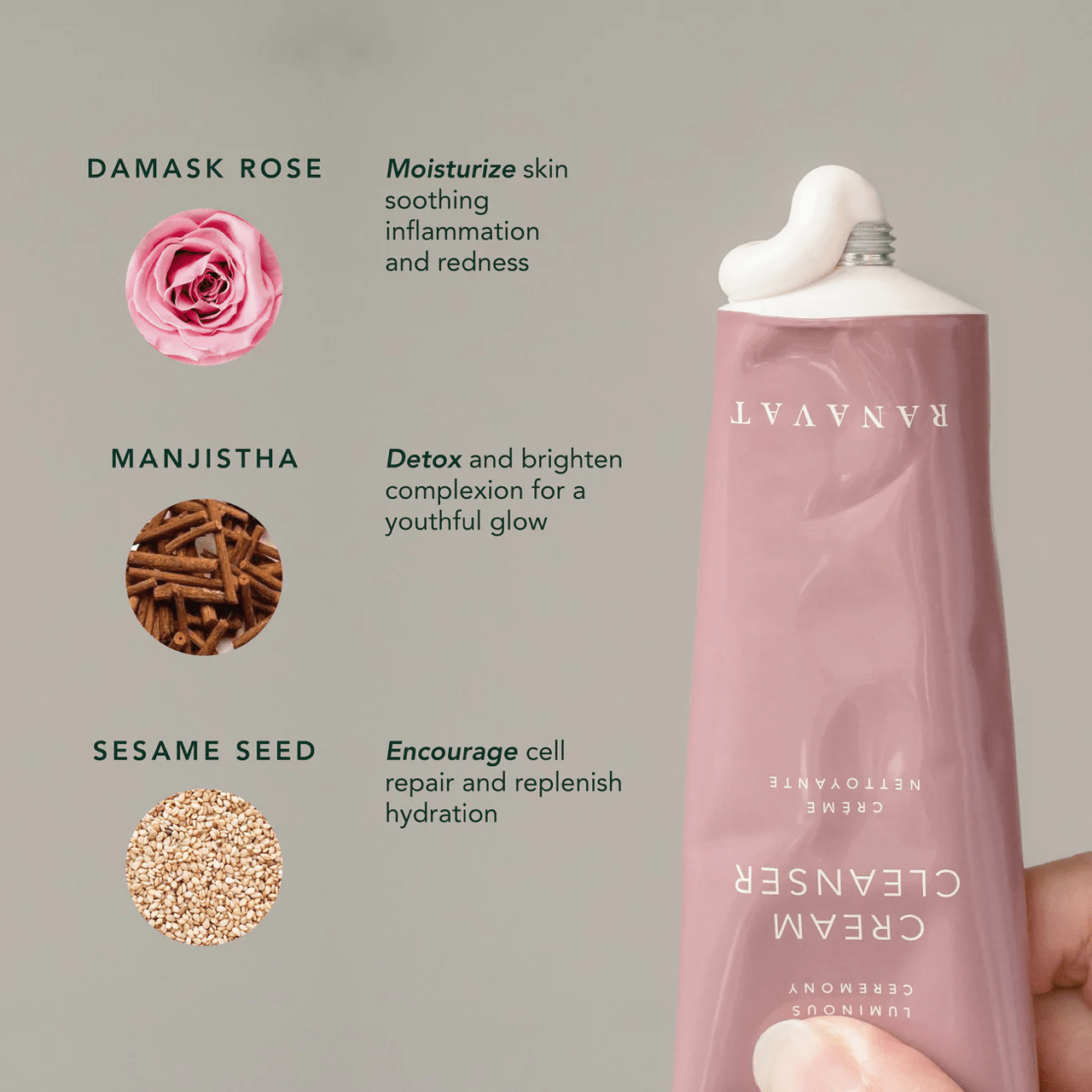 Ranavat Luminous Ceremony Cleanser Verpackung wird gedrückt im Hintergrund Beschreibung der Inhaltsstoffe