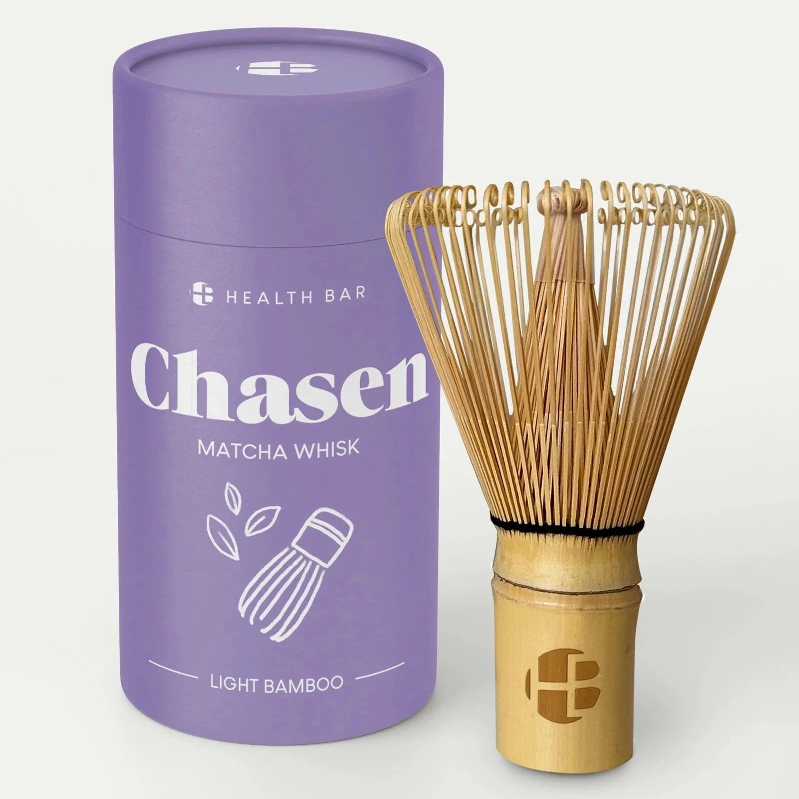 Health Bar Matcha Besen (Chasen), daneben die Produktverpackung.