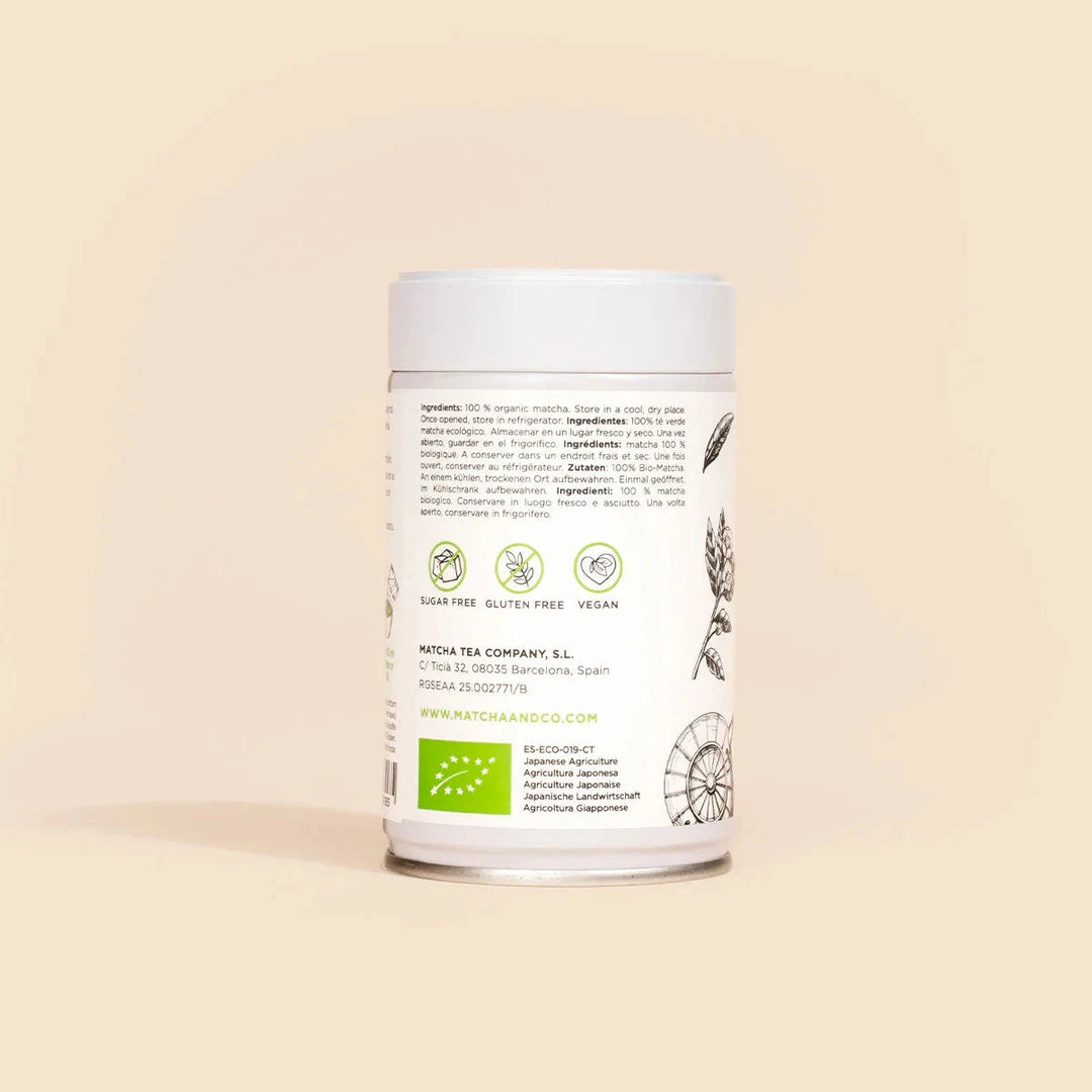 Original Matcha Tee Bio-Pulver von Matcha & Co mit Produktinformationen North Glow