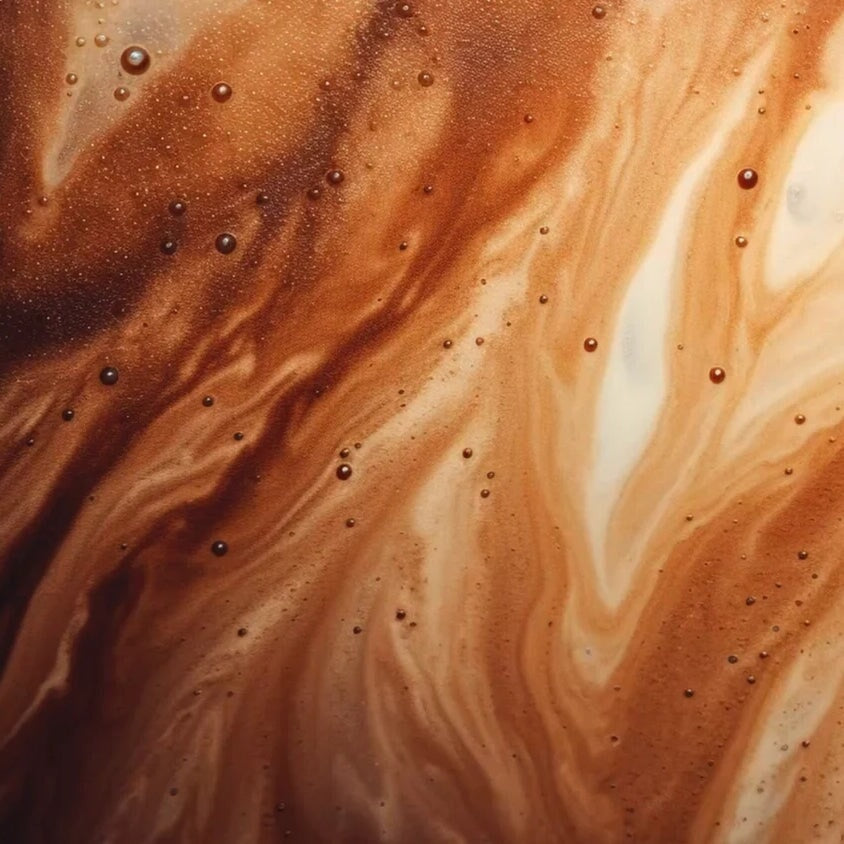 Nahaufnahme von schokoladigem Milchschaum der Cosmic Dealer Drinking Chocolate Blends.