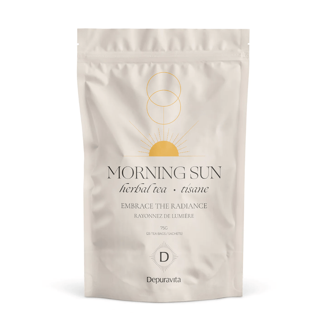 Morning Sun Tee Packung steht vor weißem Hintergrund. 