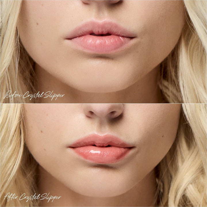 Model trägt RMS Beauty Lip Oil Crystal Slipper – glänzende, gepflegte Lippen mit Hauch von Farbe