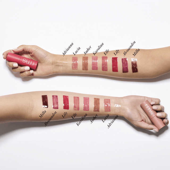 Farben des Legendary Lip Oil auf zwei Unterarmen.