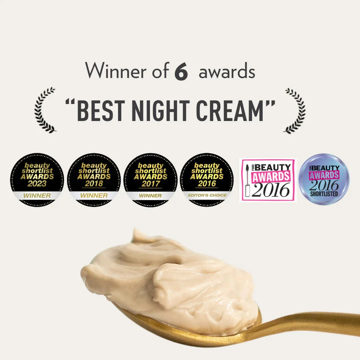 Text "Winner of 6 awards "Best Night Cream", darunter Auszeichnungen und ein goldener Löffel gehäuft mit Gesichtscreme.