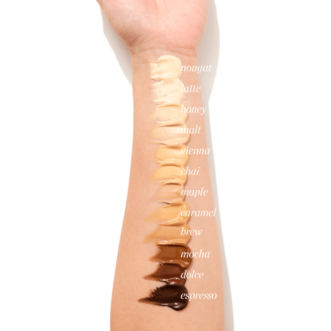 Verschiedene Farben der Ere Perez Oat Milk Foundation auf einem Unterarm mit Beschriftung. North Glow