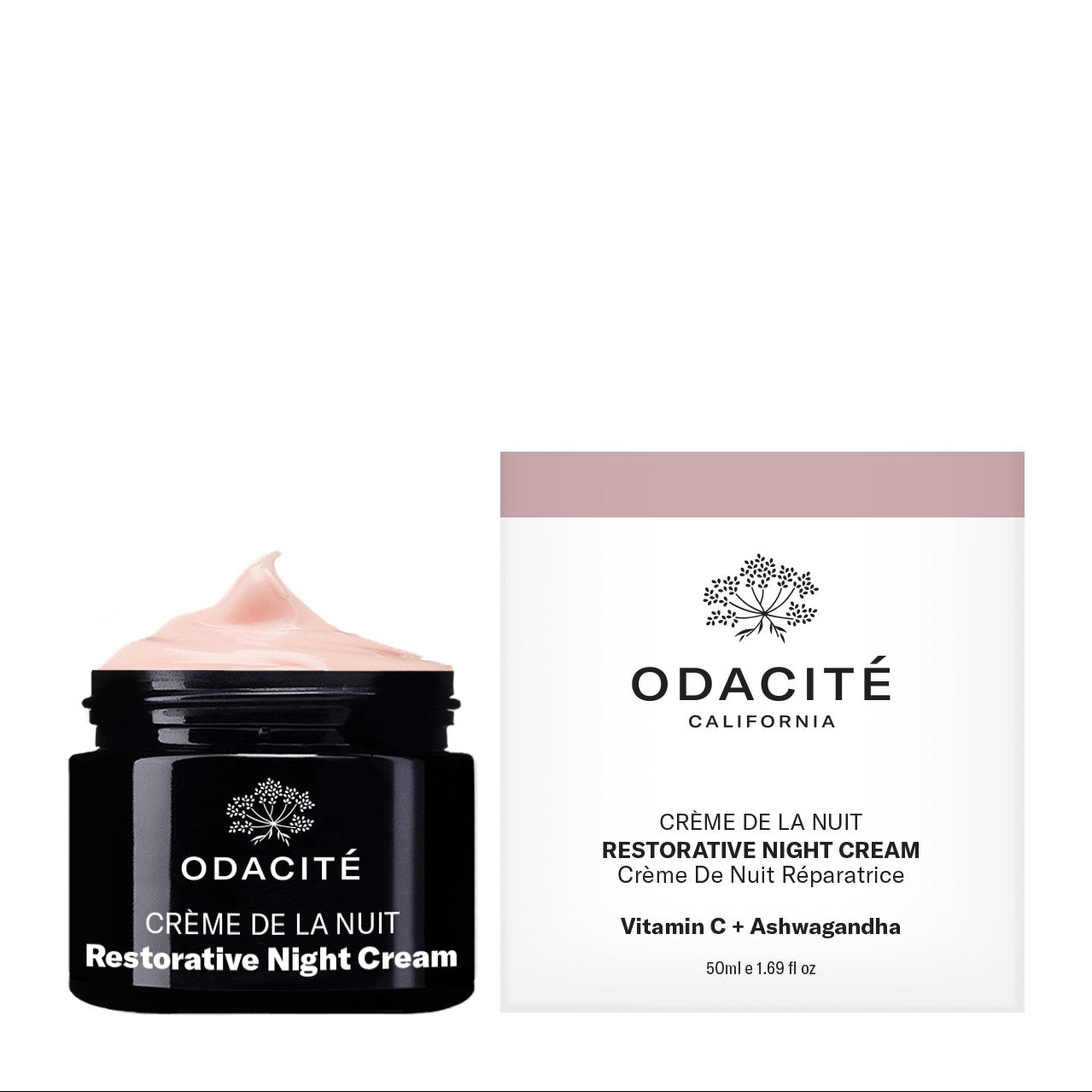 Odacité Crème de la Nuit Restorative Night Cream mit Vitamin C und Ashwagandha neben Produktverpackung auf weißem Hintergrund