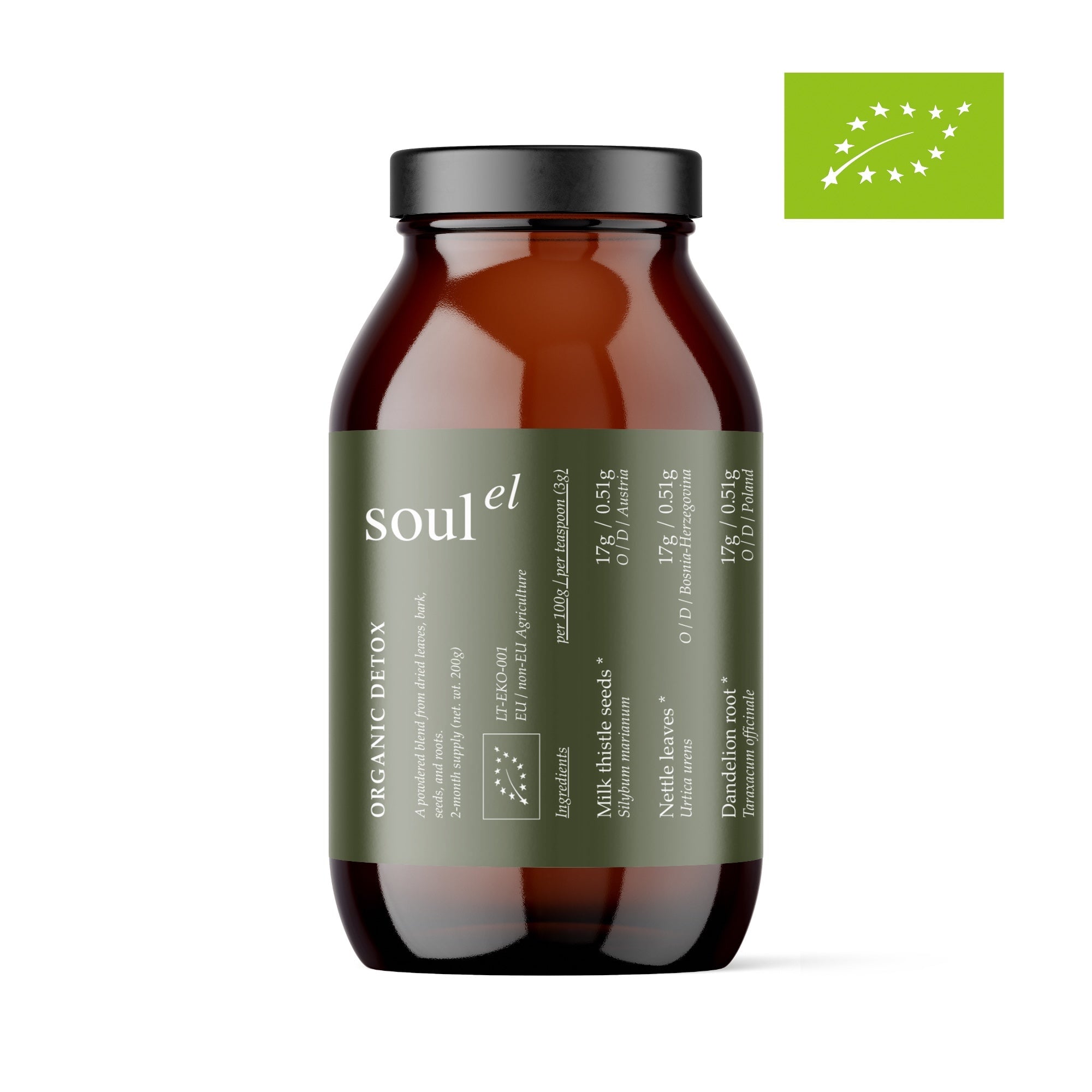 Soulel Organic Detox Gefäß vor weißem Hintergrund.